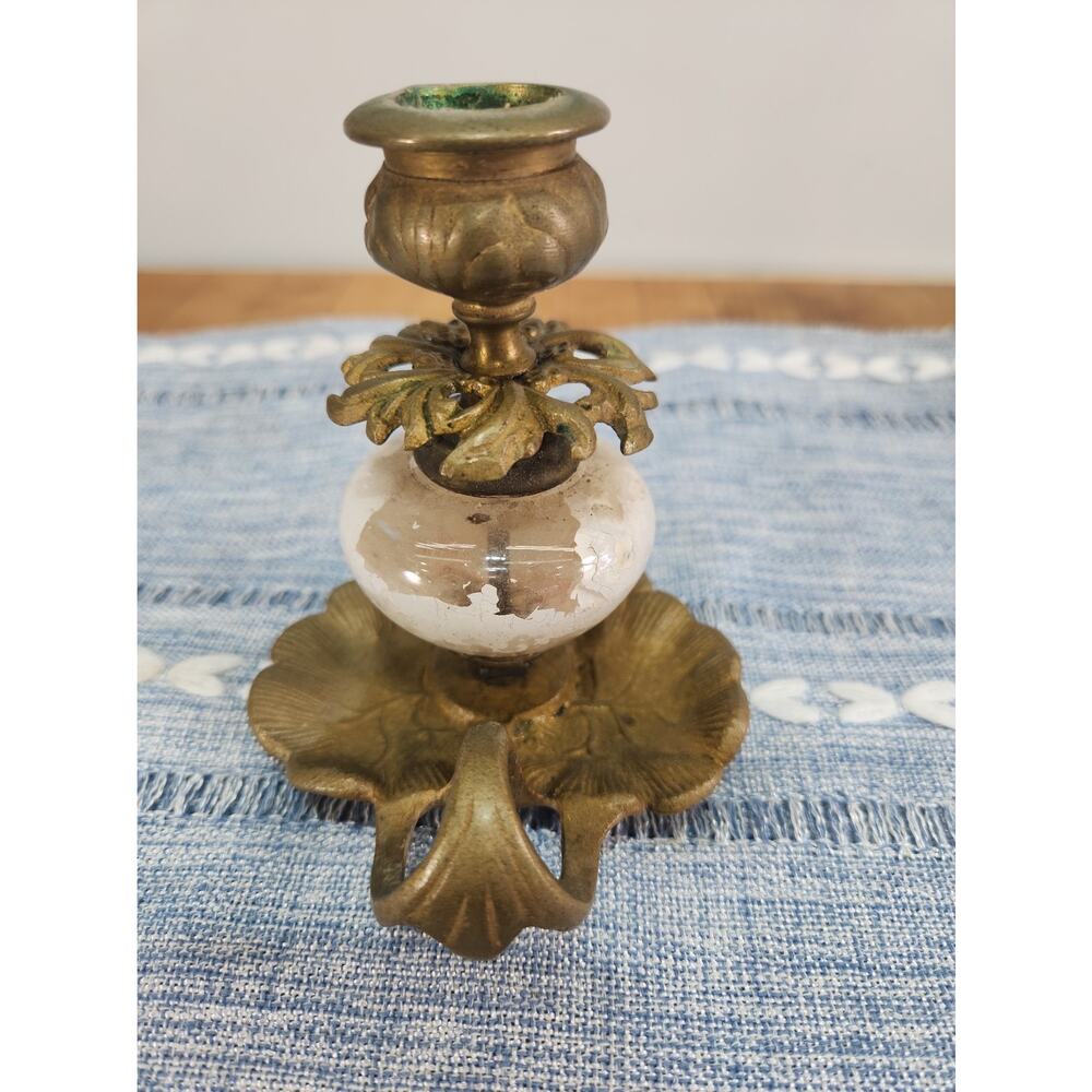 Vintage Brass White Crackle Glass Chamberstick Candle Holder Ornate 5" - Picture 2 of 8
